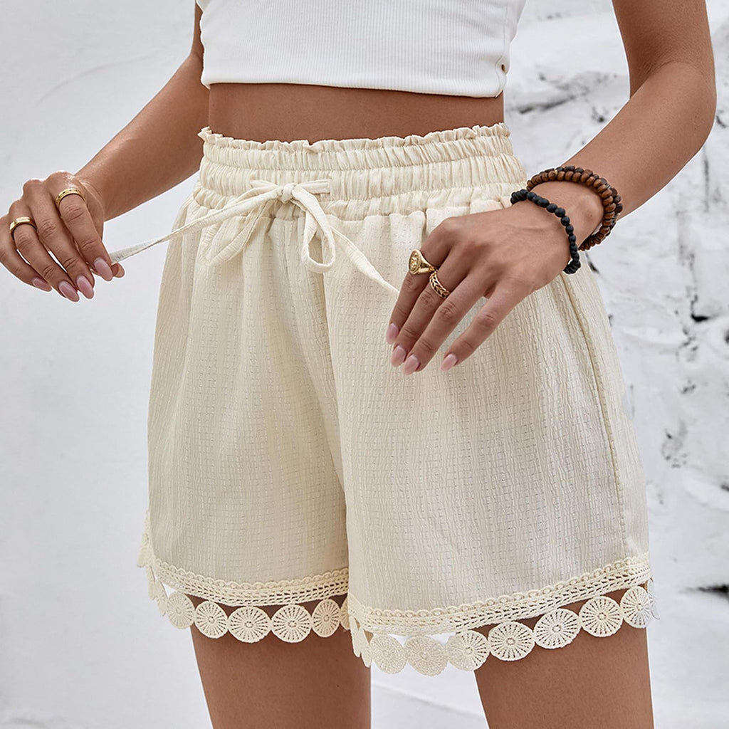 Damen Strandshorts High Waist mit Kordelzug und Spitzenbesatz S-XXL