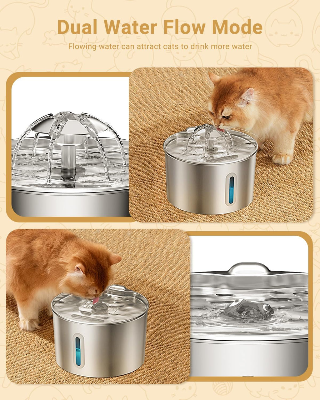 Edelstahl Katzenbrunnen leise mit 4‑fach Filtersystem, LED, Aktivkohle
