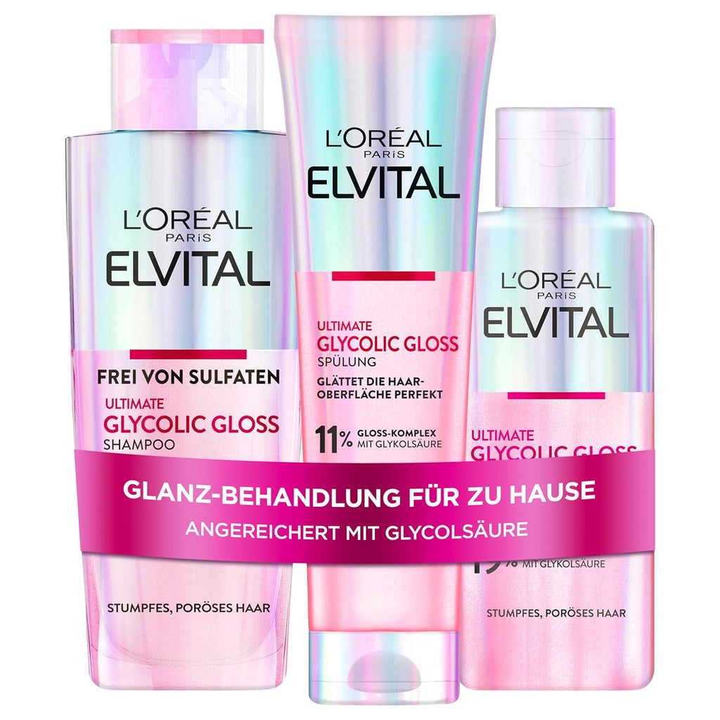 L’Oréal Paris Elvital Glycolic Gloss 3-teilig Shampoo Spuelung Haar-Laminierung
