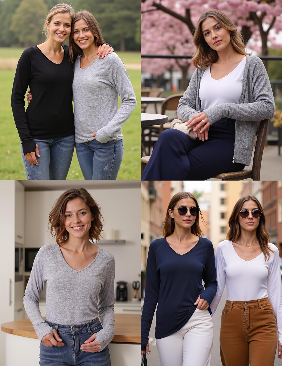 Thermoshirt Damen Langarm V-Ausschnitt mit Daumenloechern Innenfleece S-3XL