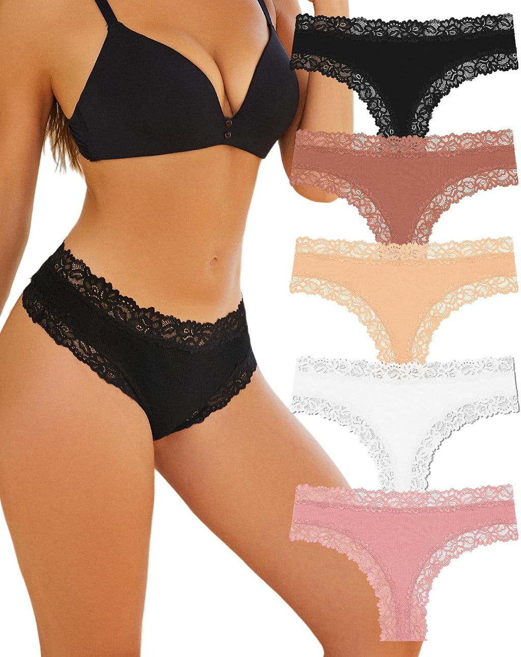 ALL OF SHE Damen Brazilian Slip mit Spitze, Baumwolle, atmungsaktiv, 5er Pack XS