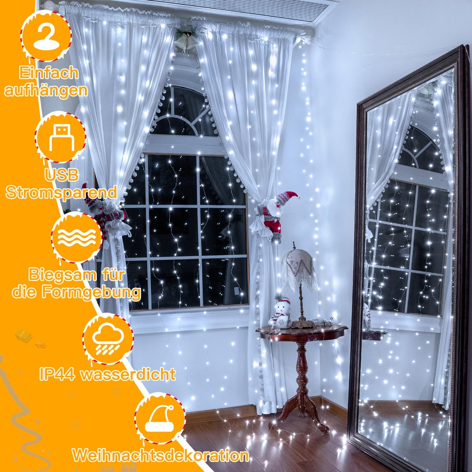 Ollny LED Lichtervorhang 2x2 m 200 LEDs warmweiss USB, Fenster Vorhang mit 10 Hak