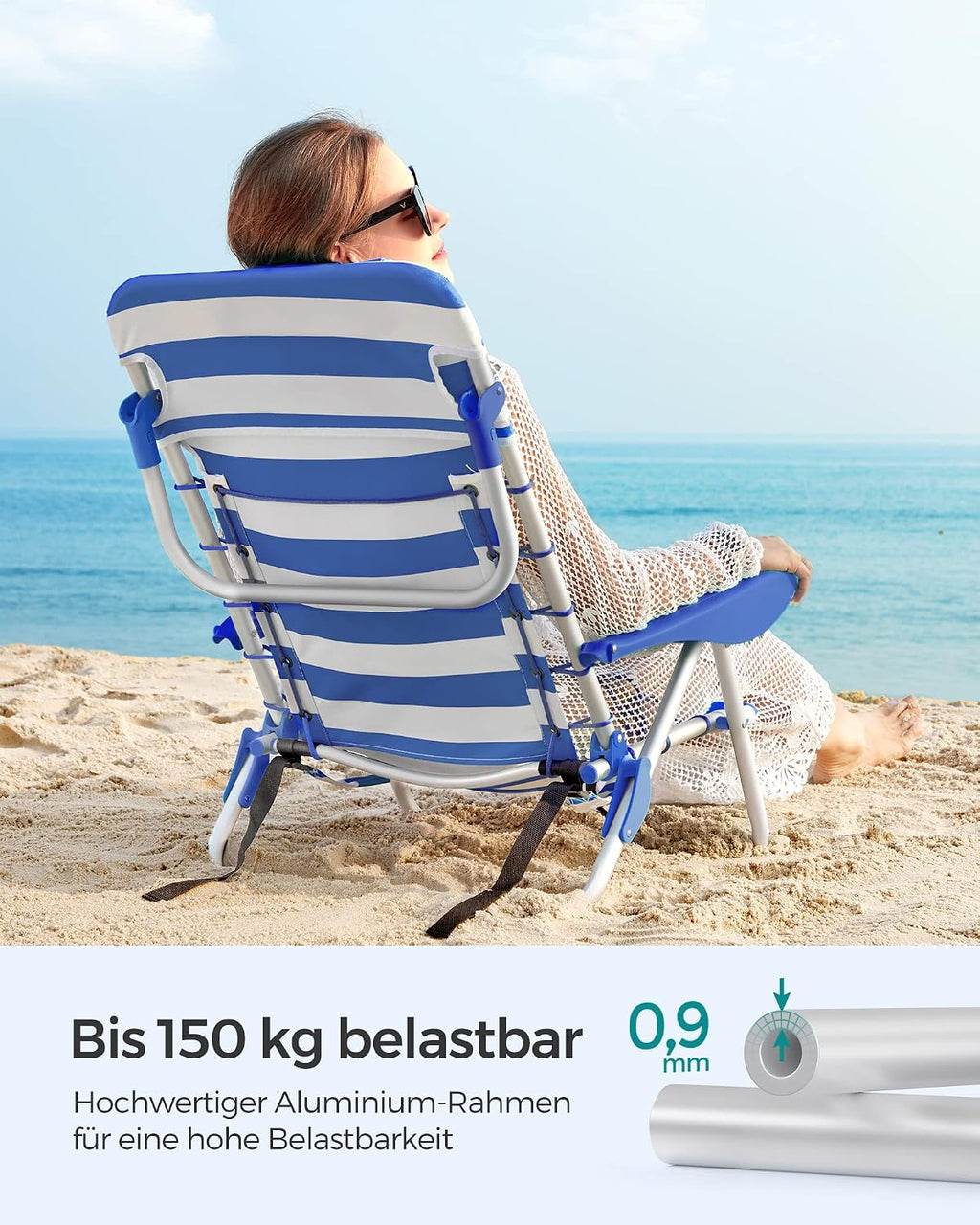 SONGMICS Strandstuhl faltbar mit verstellbarer Rueckenlehne, Kopfstuetze, Blau Wei
