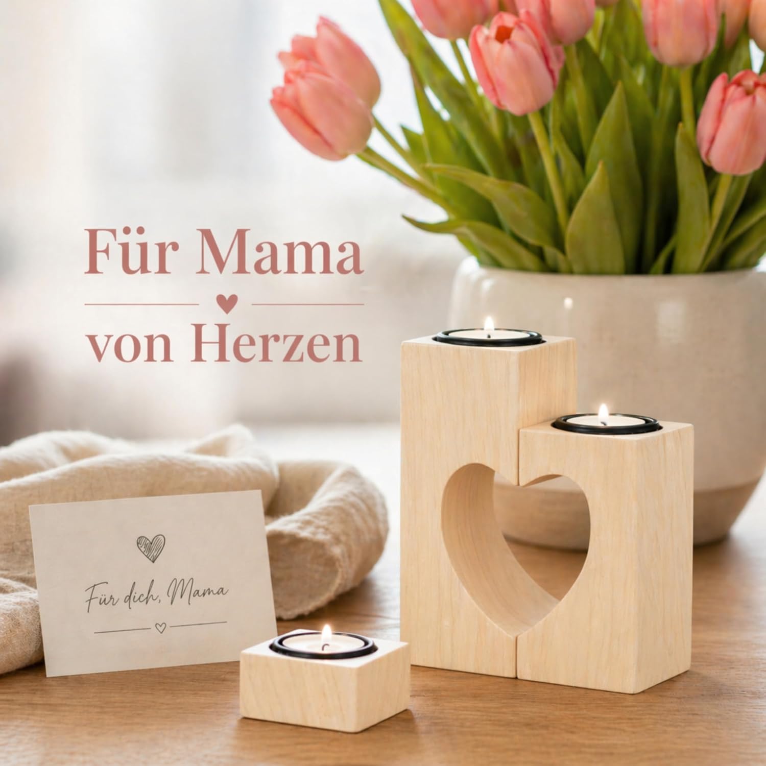 Teelichthalter Herz 3er Set aus Akazienholz 15 cm Valentinstag Geschenk