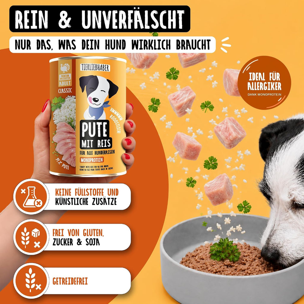 Tierliebhaber Hundefutter Nass Dose Pute mit Reis 91% Fleisch