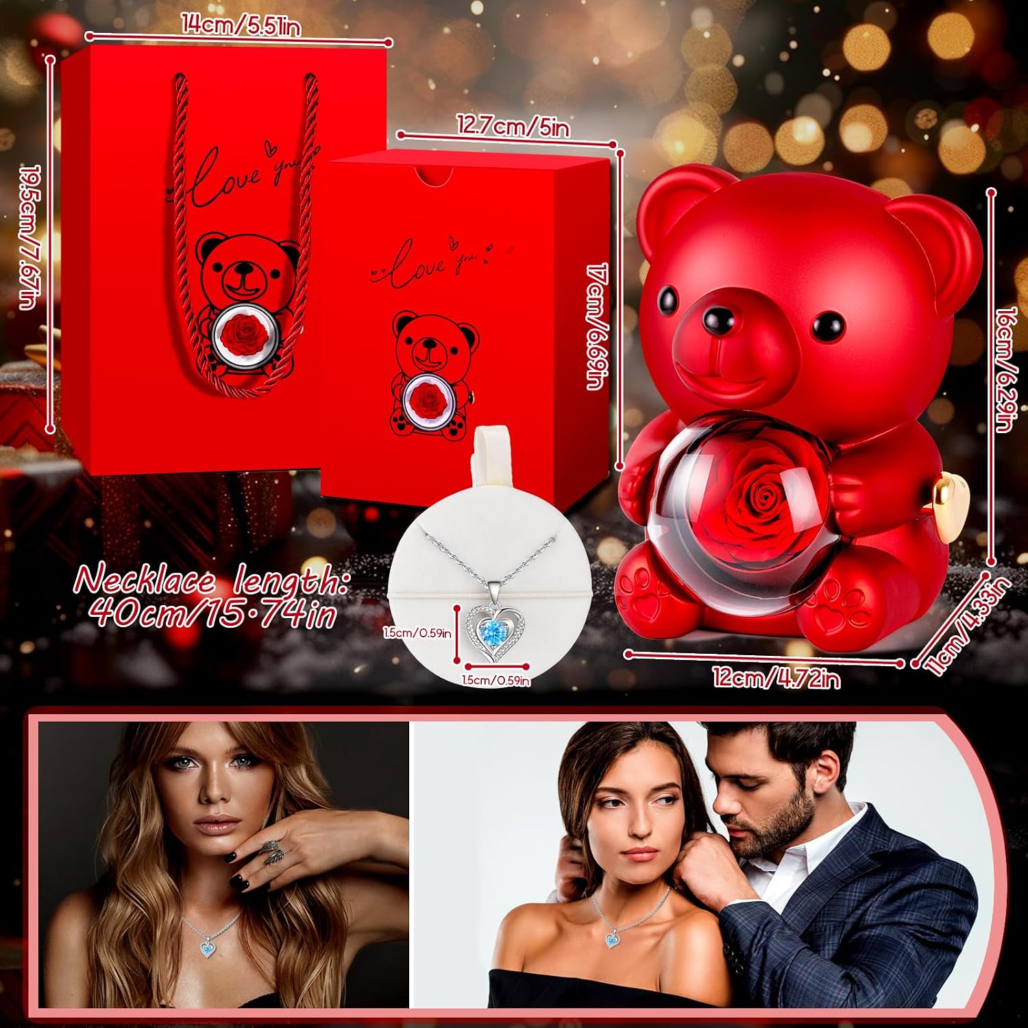 Ewige Rose Baer Geschenkbox mit Halskette Valentinstag Geburtstag Frauen