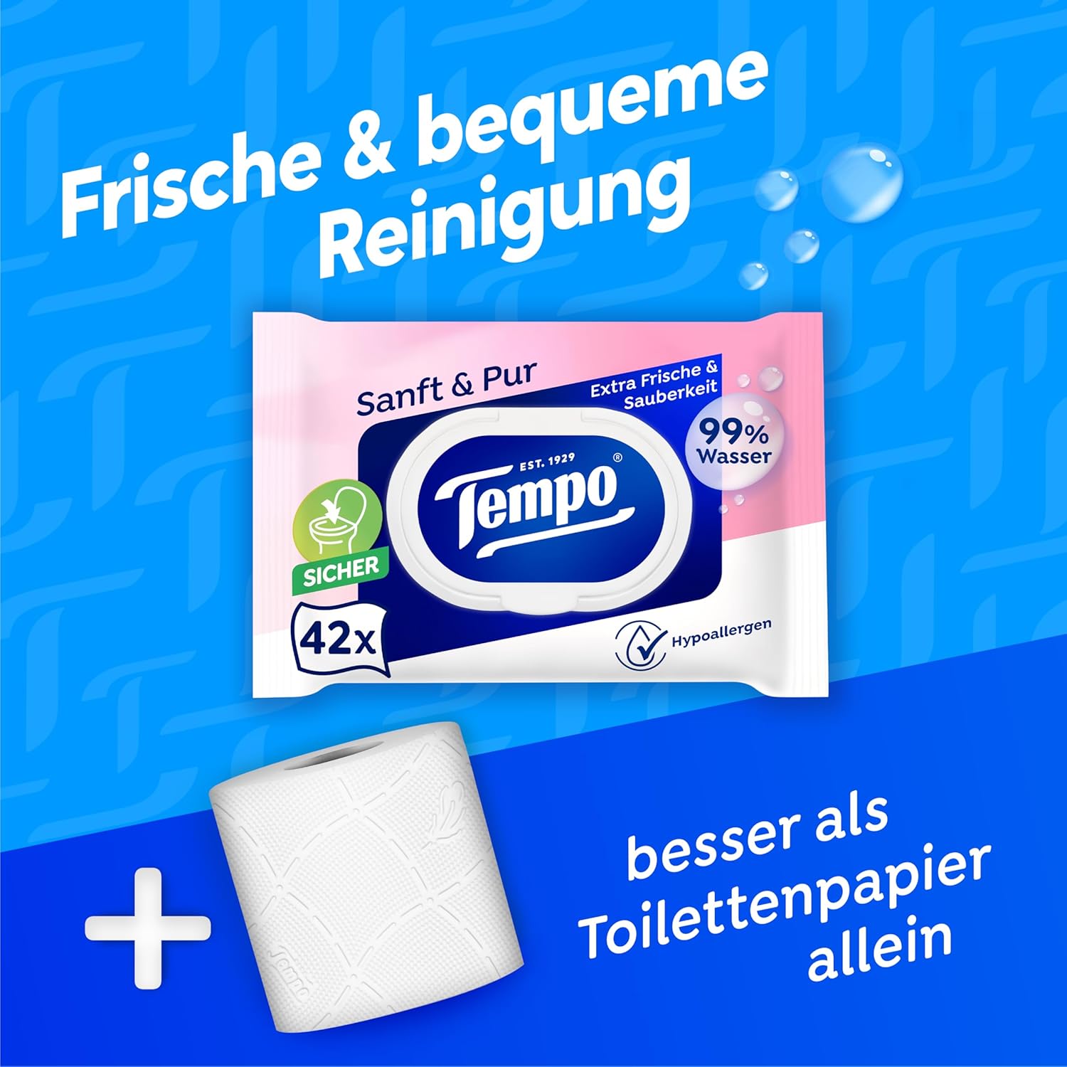 Tempo Feuchte Toilettentuecher Sanft & Pur 16 x 42 Stueck, pH-hautneutral, dermato