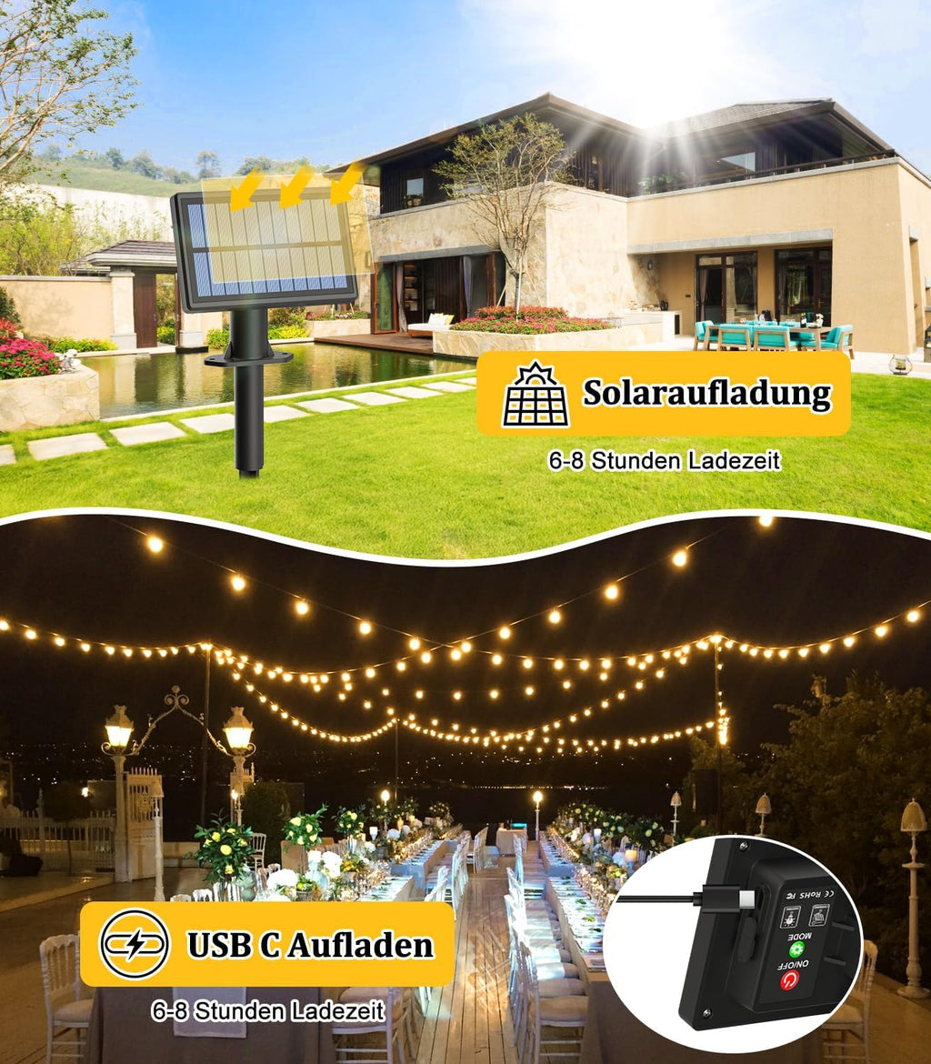 Solar Lichterkette 15m G40 Gluehbirnen 50 LED IP44 wetterfest 3 Modi 15m-30m
