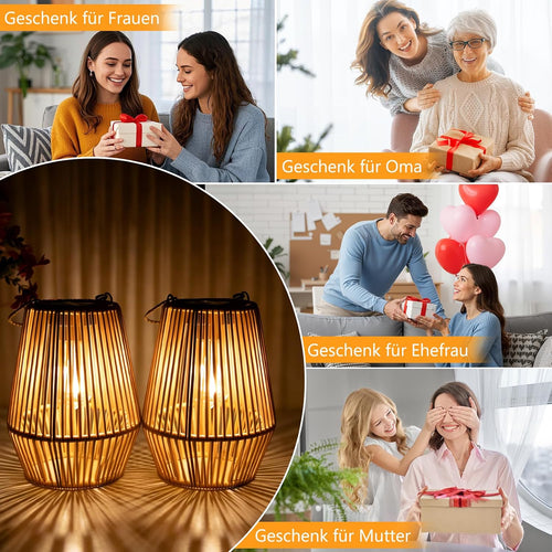 2er Set Solar-Laternen aus Rattan, IP65 Wasserdicht, haengend fuer Garten Balkon R
