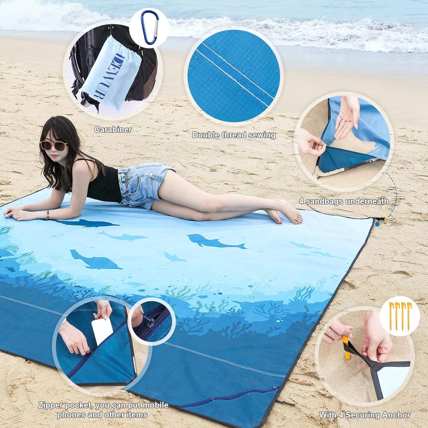 DEWUR Stranddecke sandfrei XXL 210x200 cm wasserdicht Picknickdecke Sea Fish