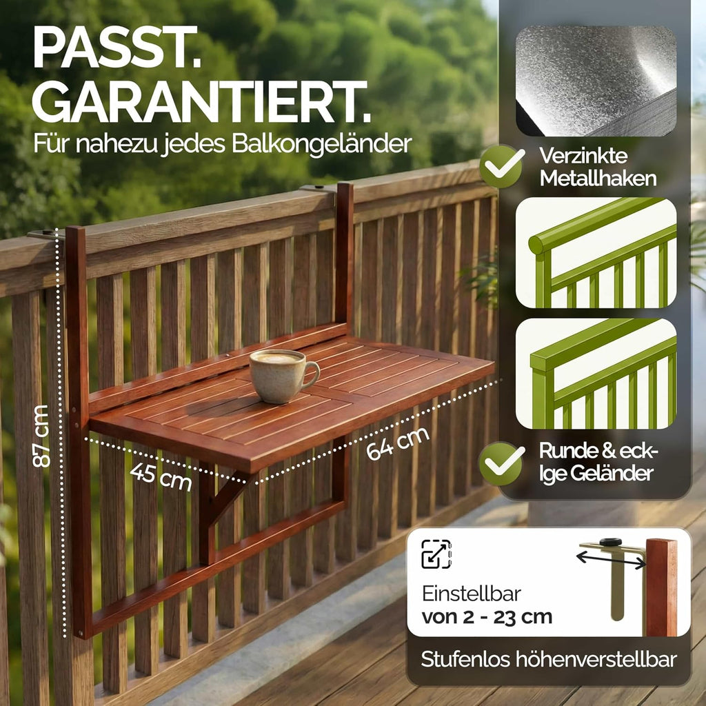 Casaria Balkontisch klappbar Akazie 65x45 cm fuer Gelaender bis 40 kg, wetterfest