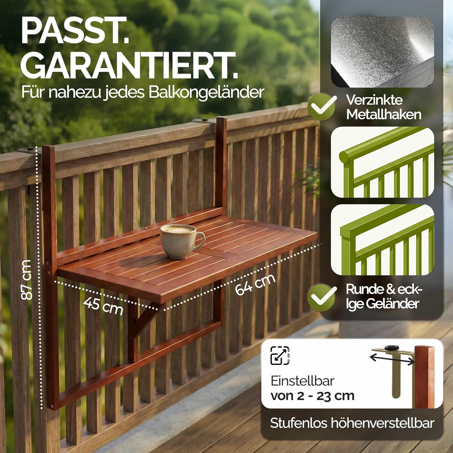 Casaria Balkontisch klappbar Akazie 65x45 cm fuer Gelaender bis 40 kg, wetterfest