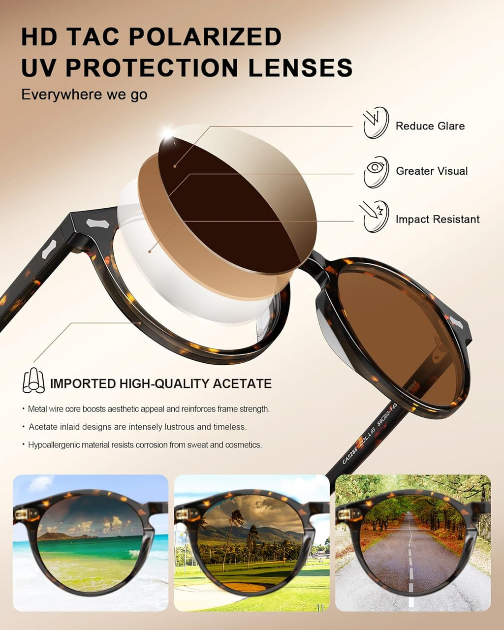 Carfia Polarisierte Herren Sonnenbrille rundes Gestell mit Lederetui