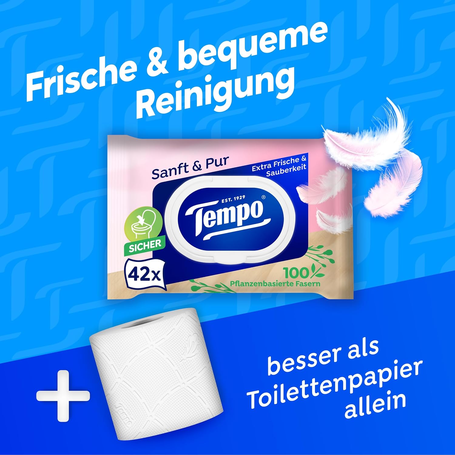Tempo Feuchte Toilettentuecher Sanft & Pur 16 x 42 Stueck, pH-hautneutral, dermato