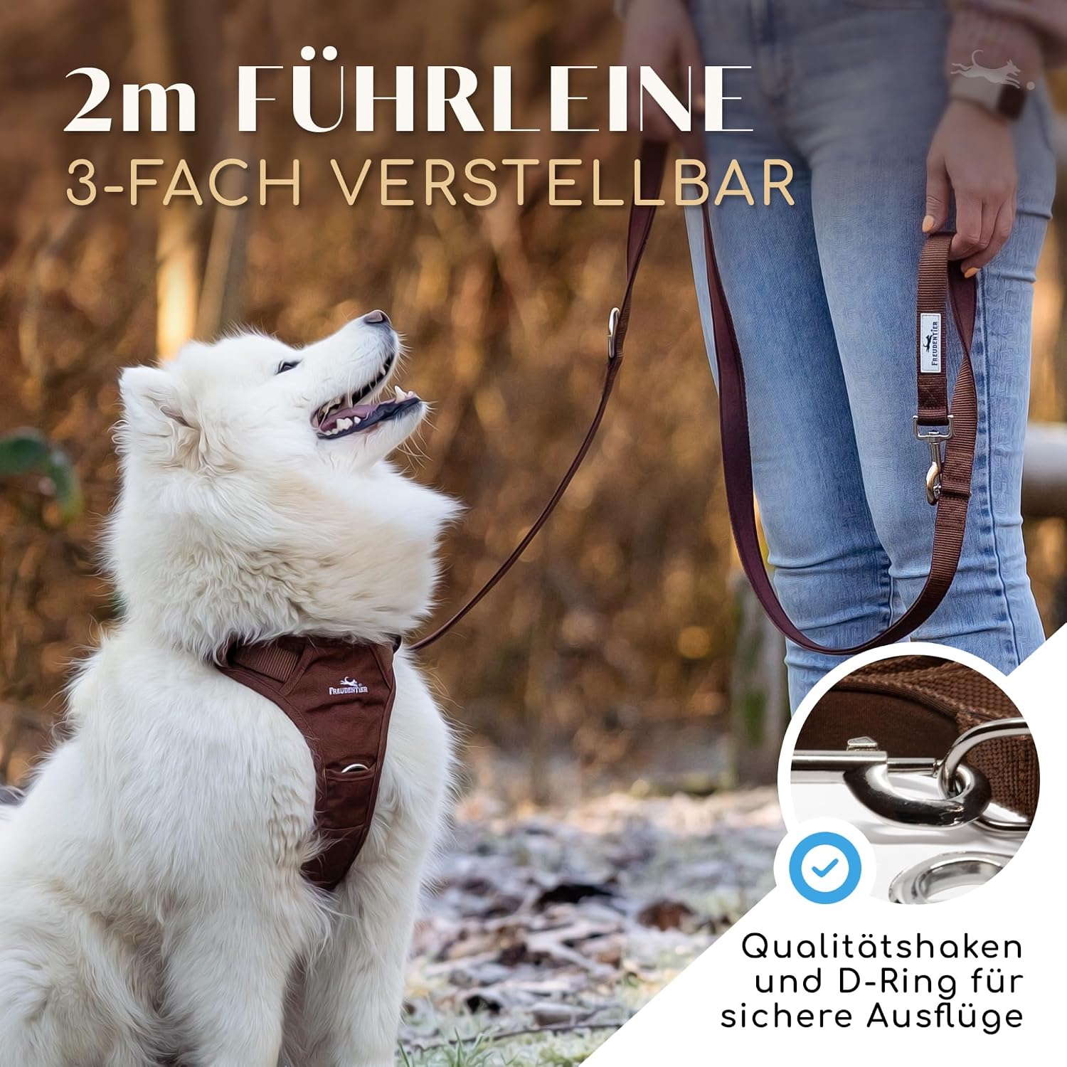 Freudentier Hundeleine Clyde 20 mm braun gepolstert verstellbar 2m