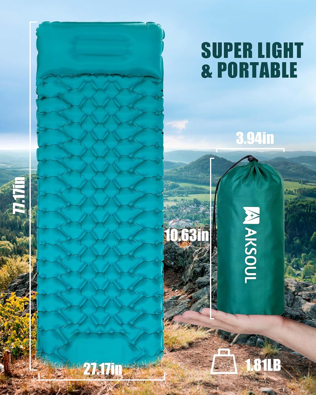 AKSOUL Isomatte aufblasbar ultraleicht Thermo Schlafmatte mit Kopfkissen
