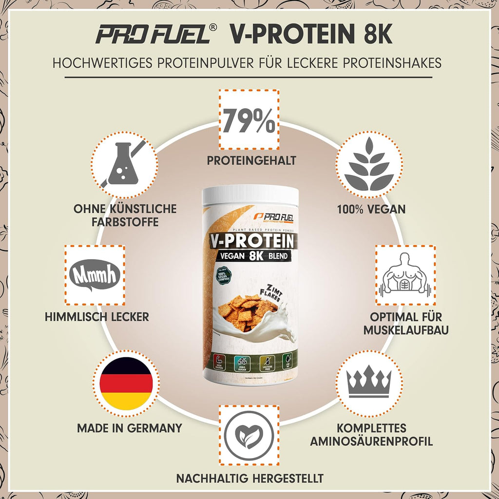 V-Protein 8K Blend Vegan Protein Zimt Flakes 79% Eiweiss, verschiedene Sorten