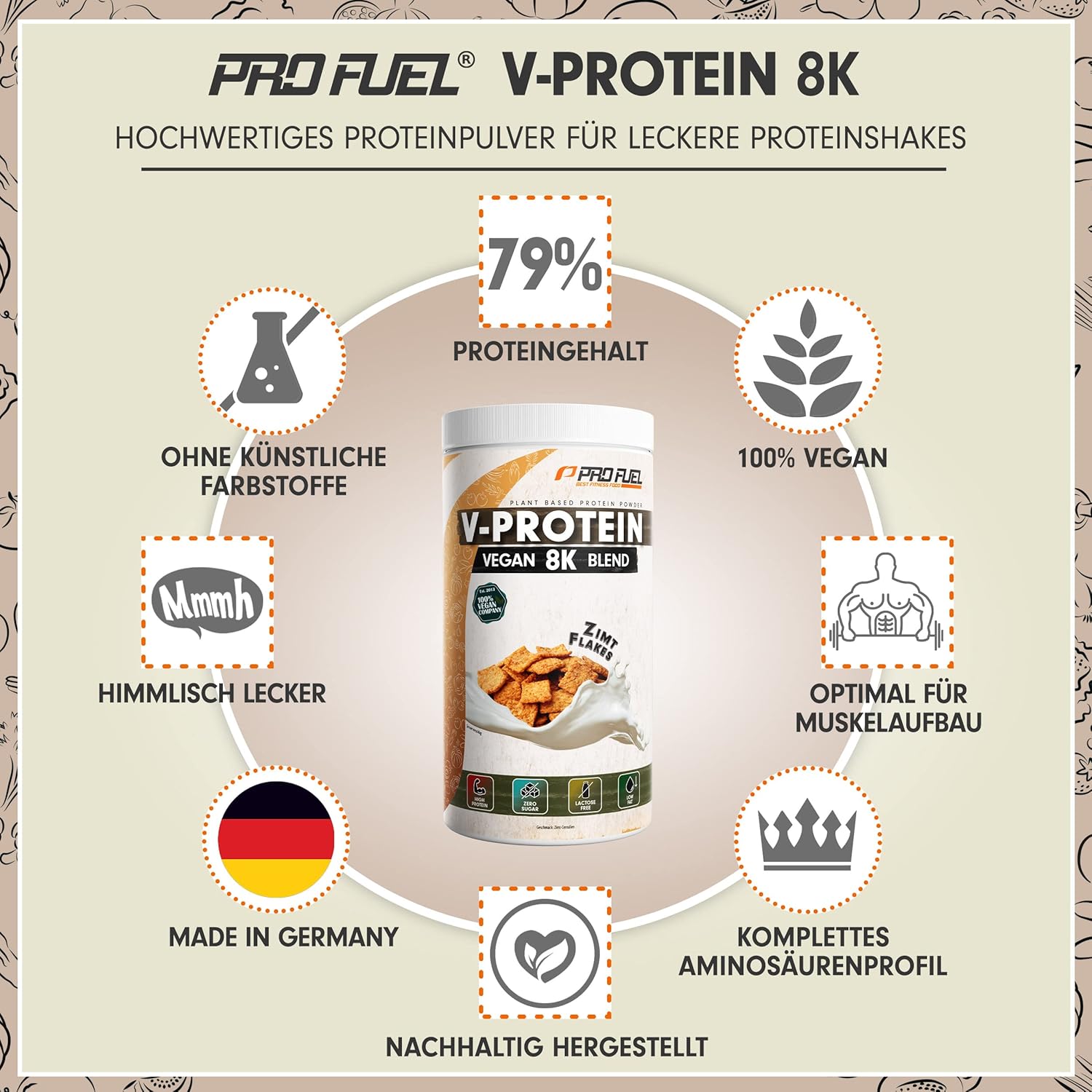 V-Protein 8K Blend Vegan Protein Zimt Flakes 79% Eiweiss, verschiedene Sorten