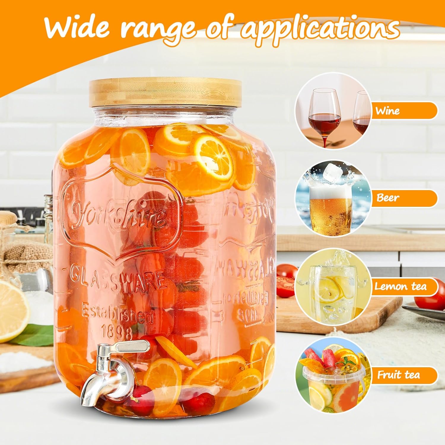 7,6 L Glas-Getraenkespender mit Edelstahl-Zapfhahn und Staender, 7,6L