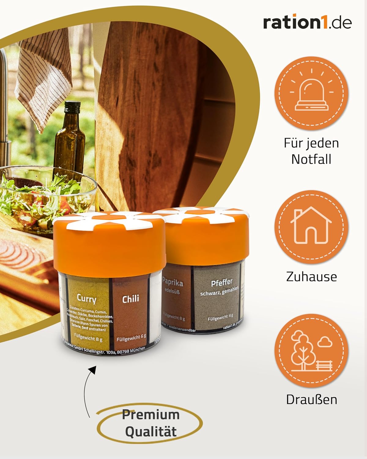 ration1 Gewuerzstreuer 6-in-1 Set XXL fuer Camping Wandern Gewuerz-Organizer
