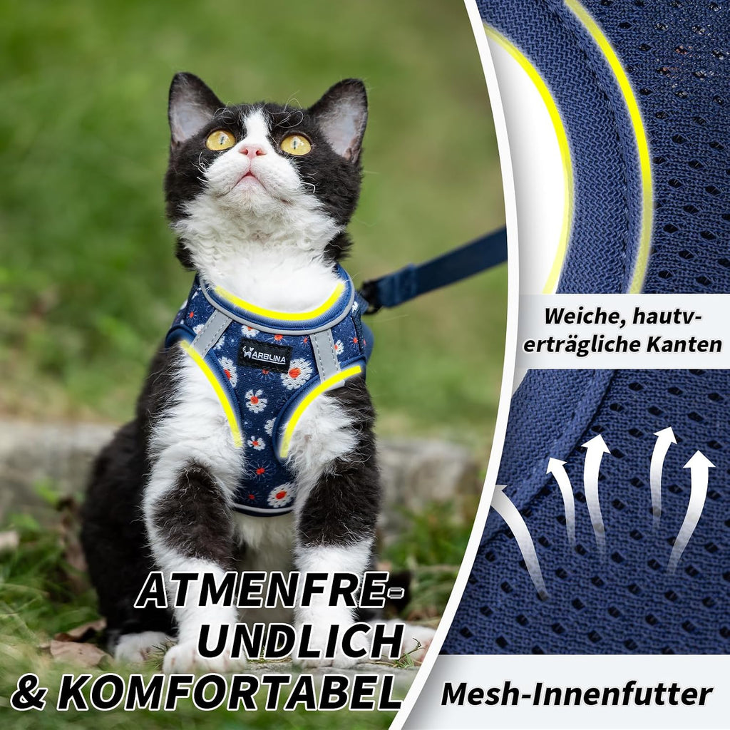 Arblina Katzengeschirr weich atmungsaktiv mit Reflektor und Leine in mehreren Farben