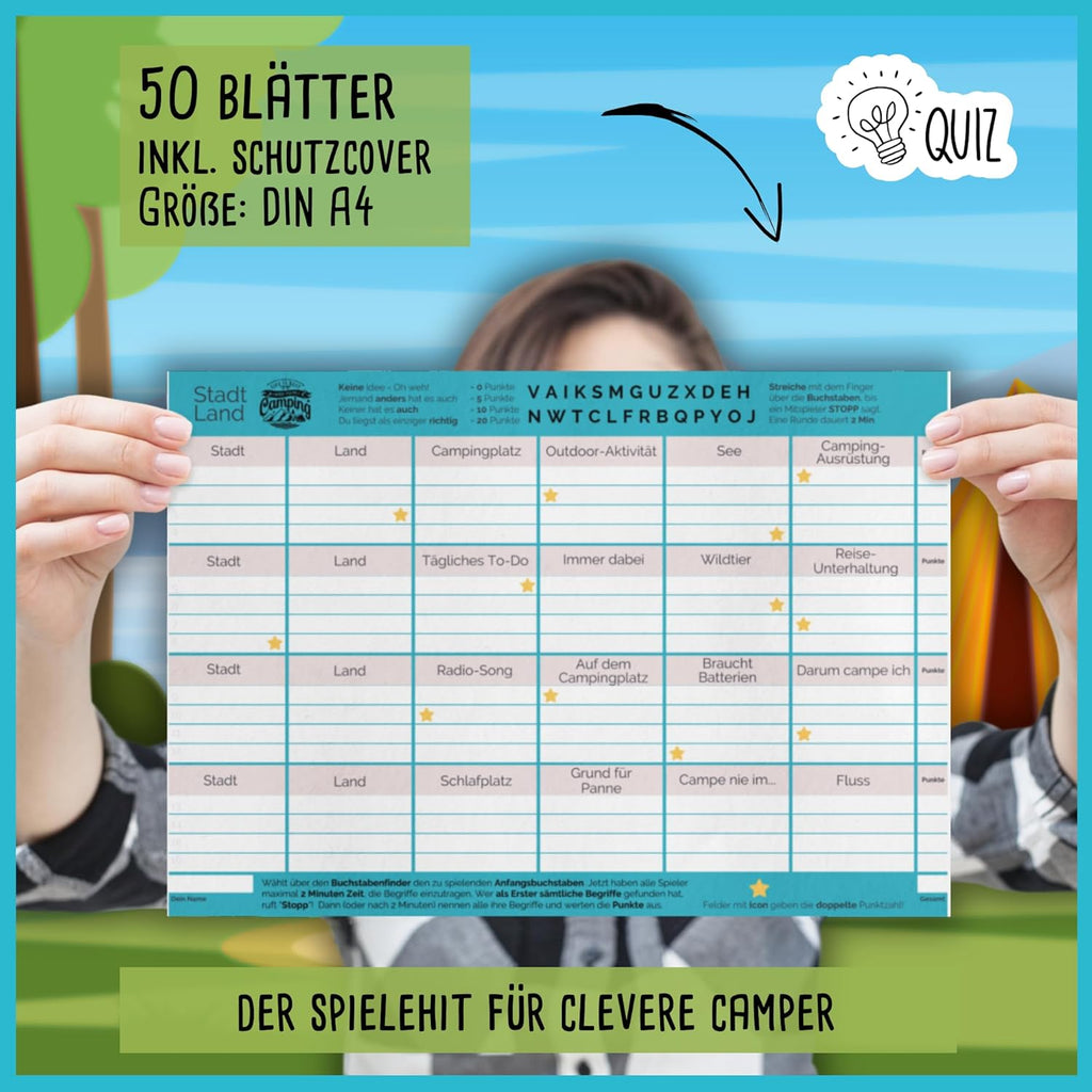 snaPmee Stadt Land Camping Spiel - 50 Blatt DIN A4 Spielvorlagen