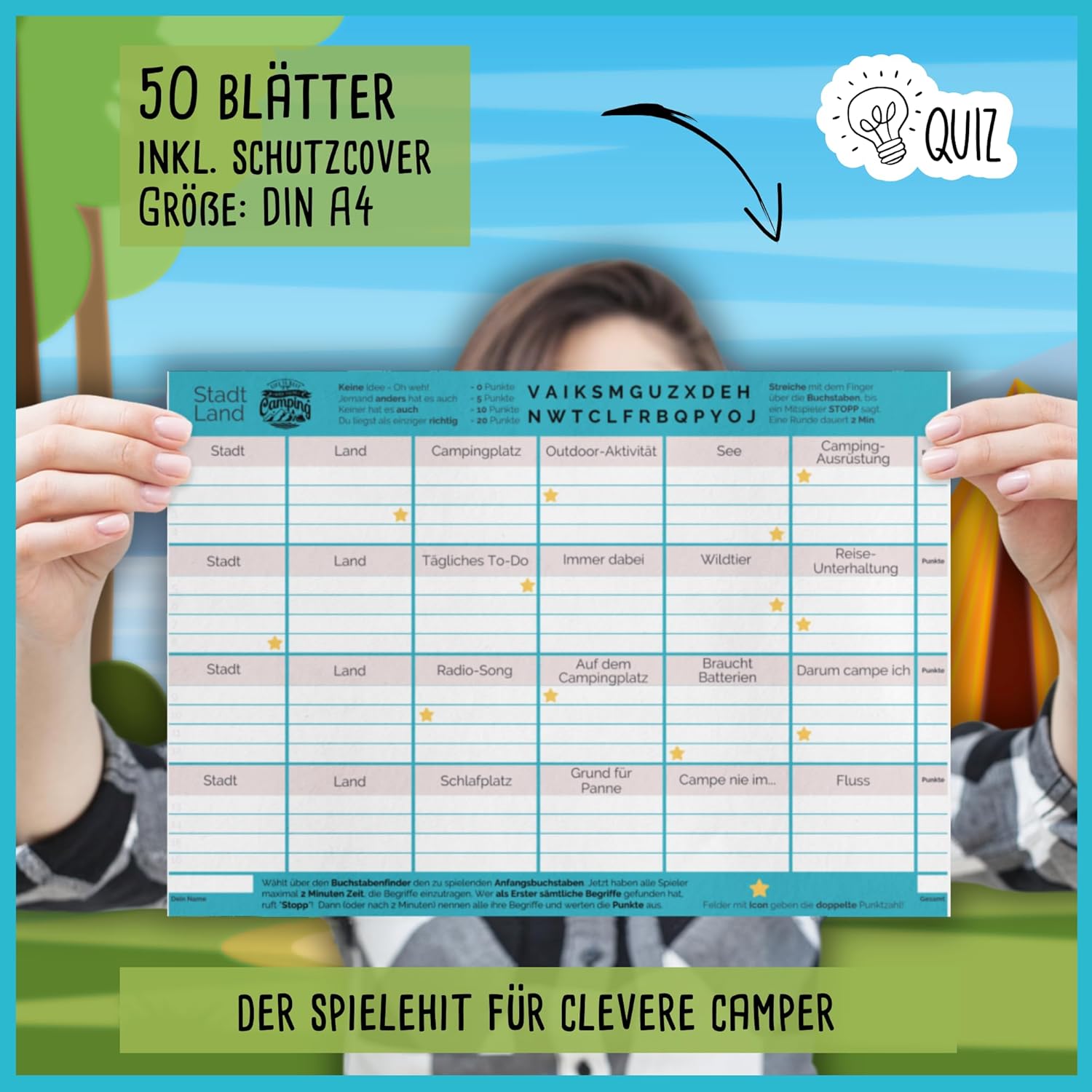 snaPmee Stadt Land Camping Spiel - 50 Blatt DIN A4 Spielvorlagen