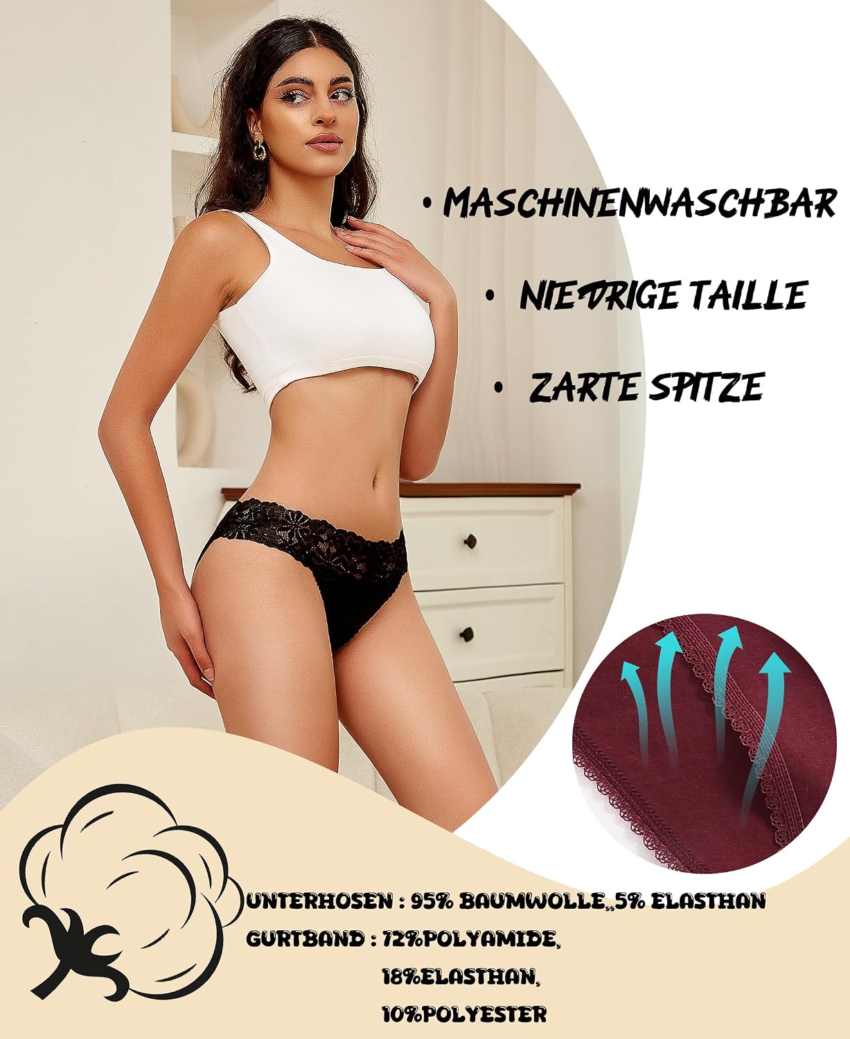 6er Pack Damen Hipster Slips Baumwolle mit Spitze atmungsaktiv S-XL