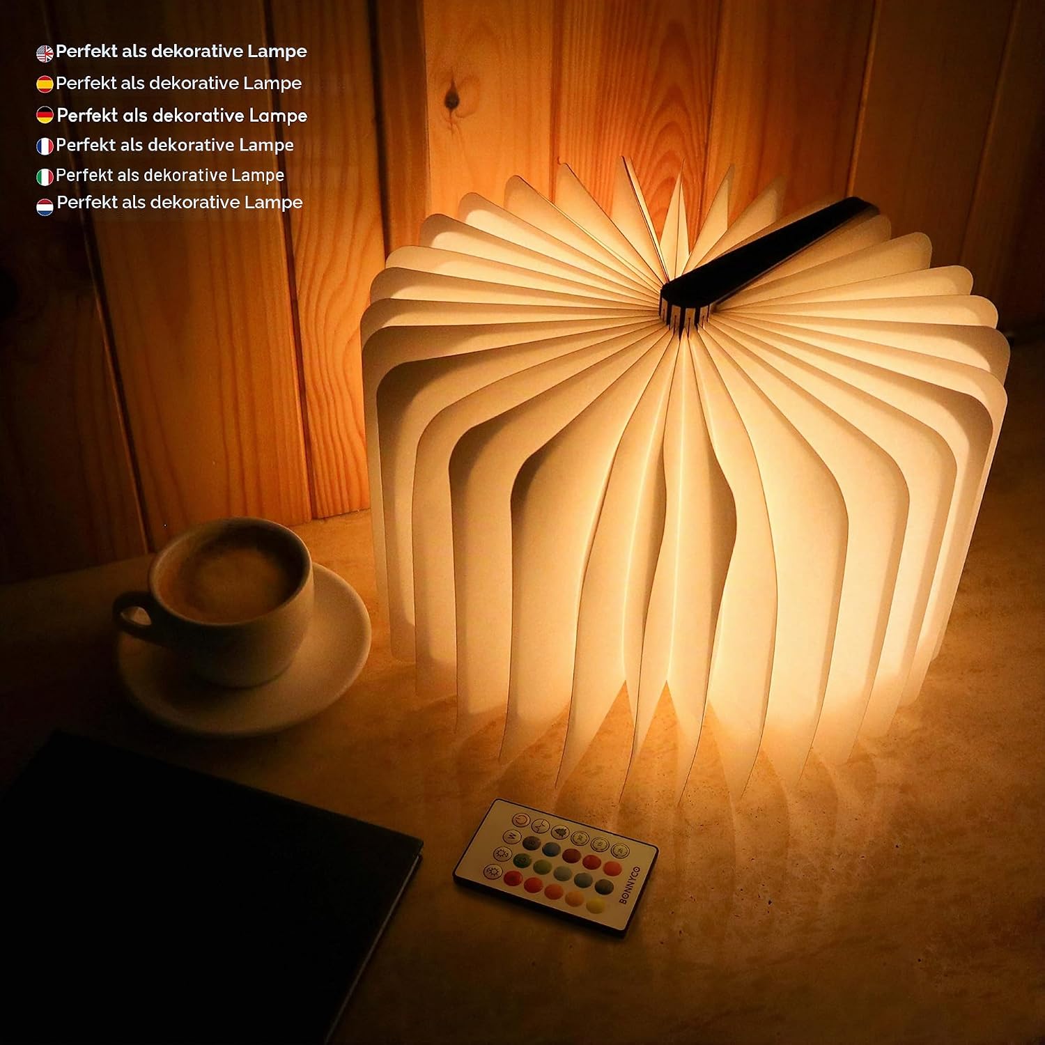 BONNYCO LED Buchlampe Holz 16 Farben Timer Deko Geschenk