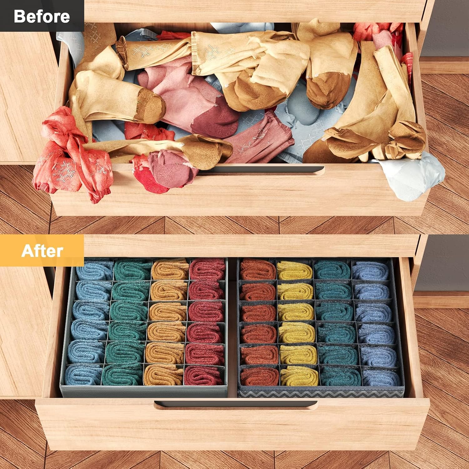 Unterwaesche Organizer 2er Set 48 Faecher faltbar Schubladeneinsatz Grau