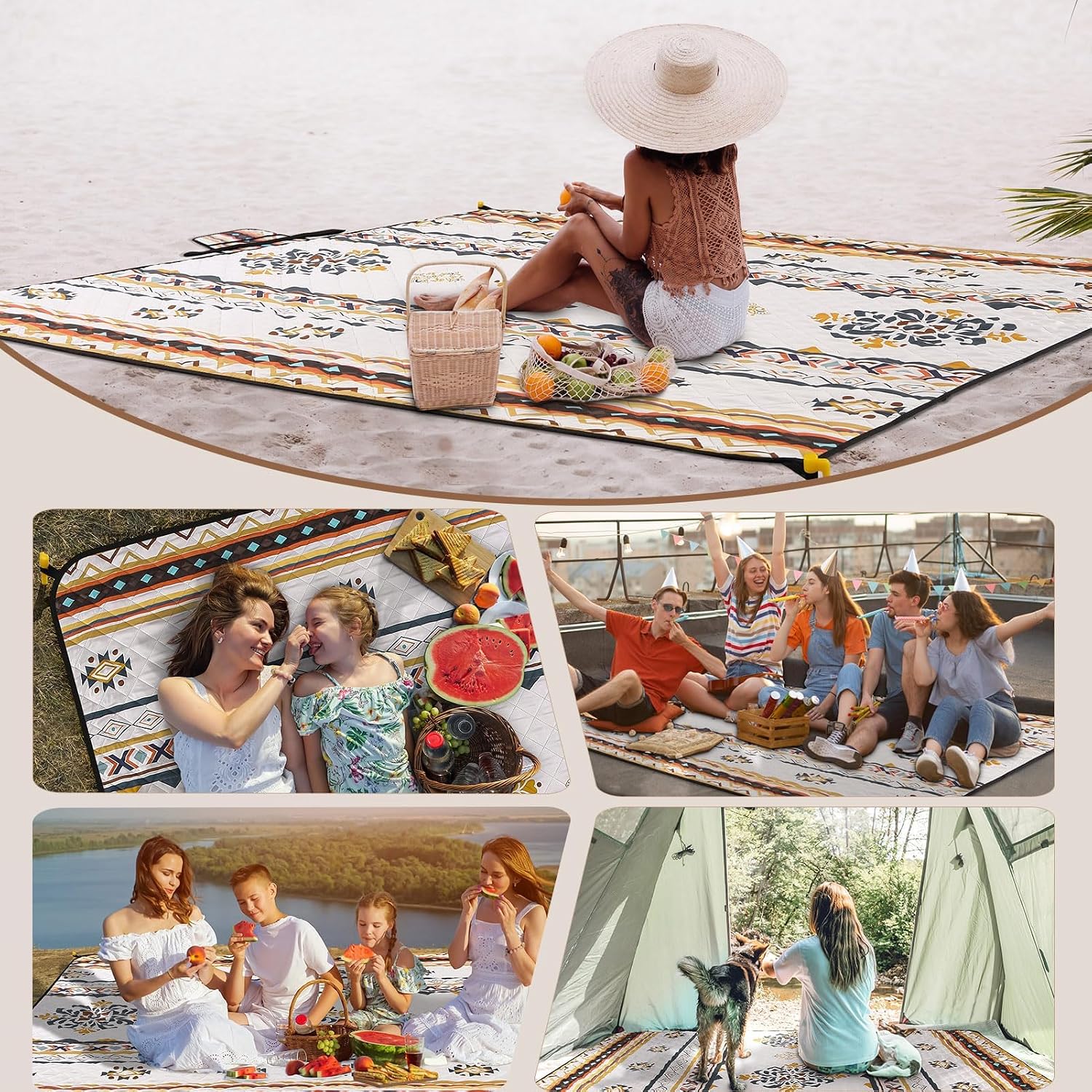 Hausprofi Picknickdecke Boho 200x200 cm wasserdicht isoliert mit Tragegriff