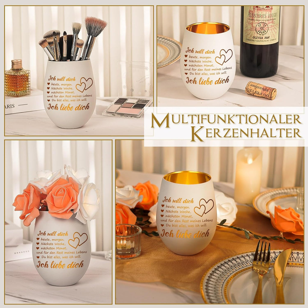 Teelichthalter Weiss mit Schrift "Ich liebe dich" Geschenk fuer Partnerin
