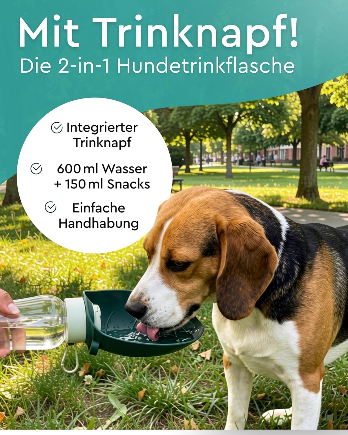 emmi‑PET Hundetrinkflasche mit Futterbehaelter Dunkelgruen
