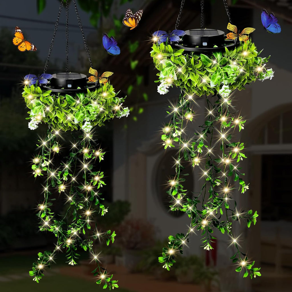 Kuenstliche Haengepflanze 2er Set mit Solar-Lichterkette IP65 wasserdicht