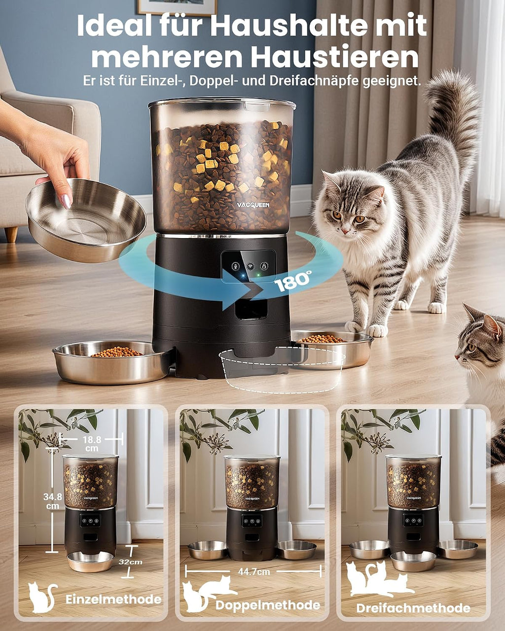 Futterautomat Katze 25 Portionen mit App Timer WiFi Schwarz