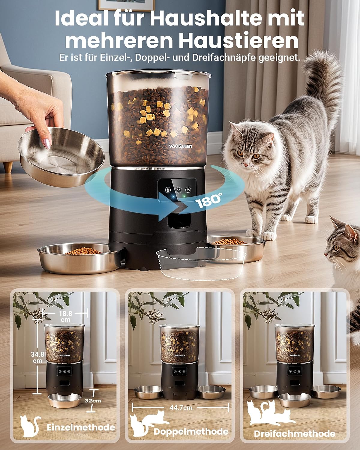 Futterautomat Katze 25 Portionen mit App Timer WiFi Schwarz