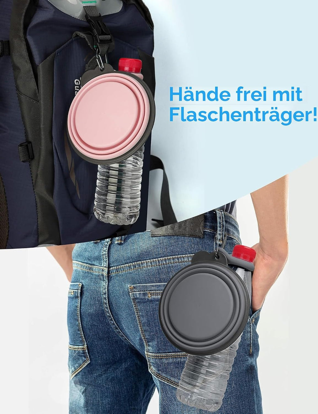 Heouvo faltbarer Hundenapf 2er Set mit Flaschentraeger und Karabiner