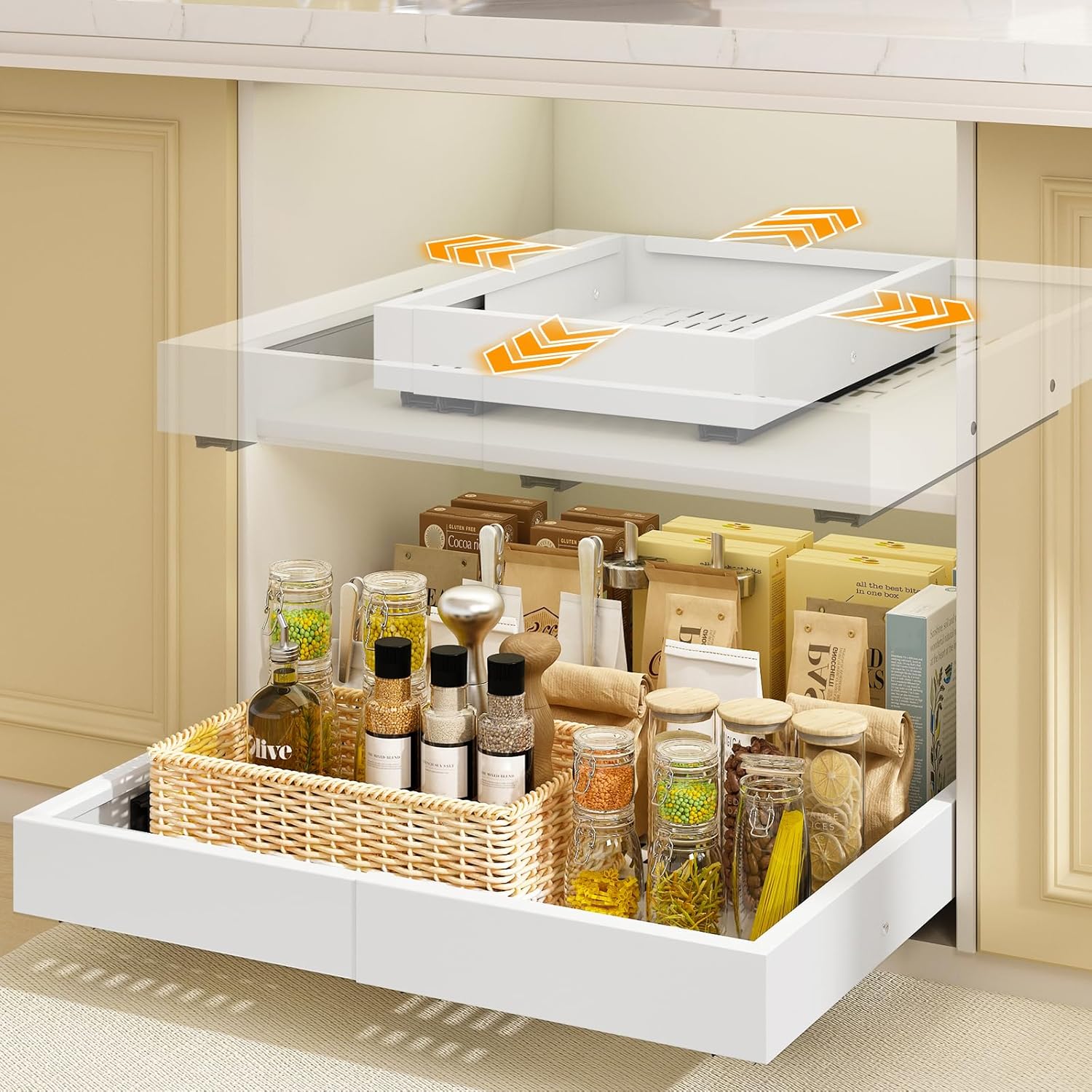 2x Ausziehbare Teleskopschublade Kueche Schrank Organizer Weiss 41cm-53cm