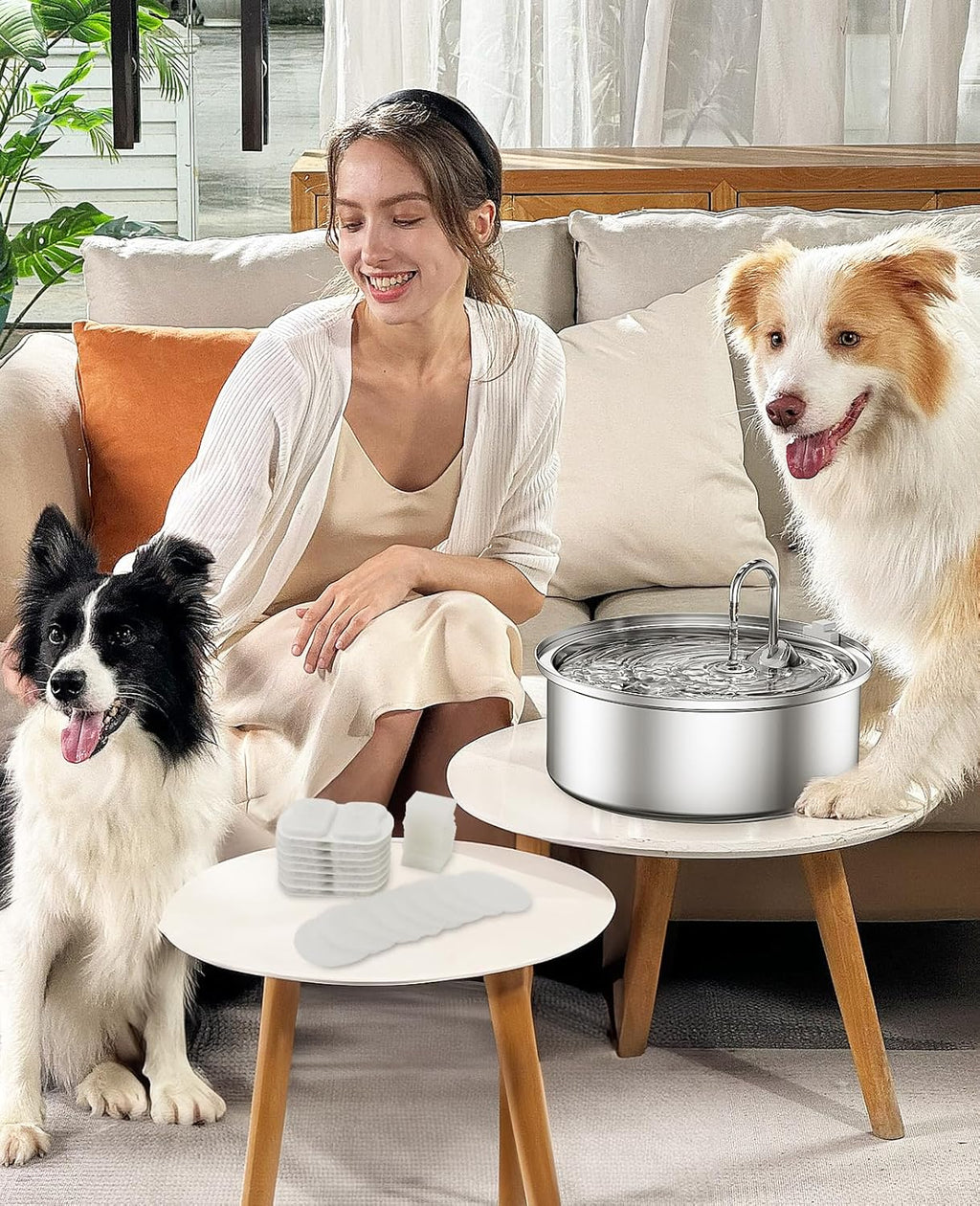 oneisall Trinkbrunnen fuer Hunde Edelstahl mit LED, 5‑Schicht Filter