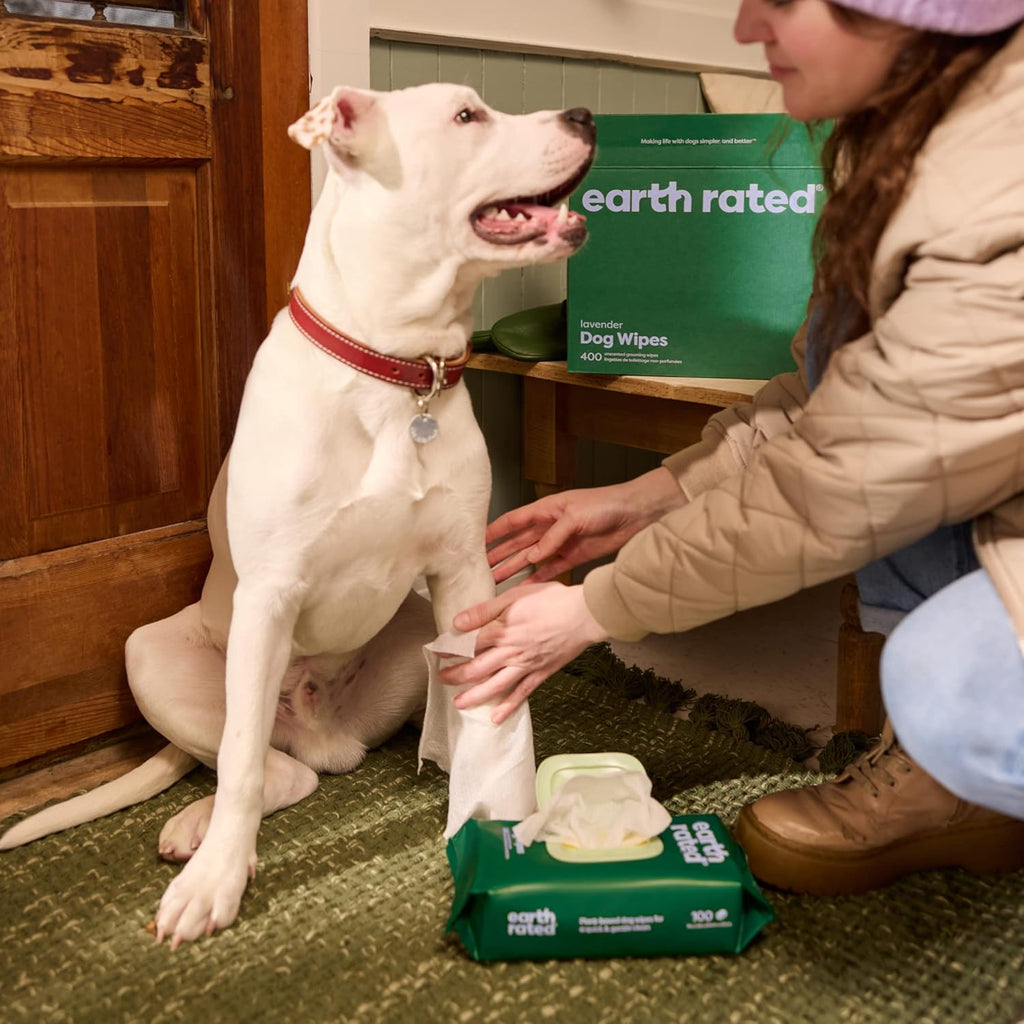 Earth Rated Pflegetuecher fuer Hunde Lavendel Duft 400 Stueck dicke Tuecher