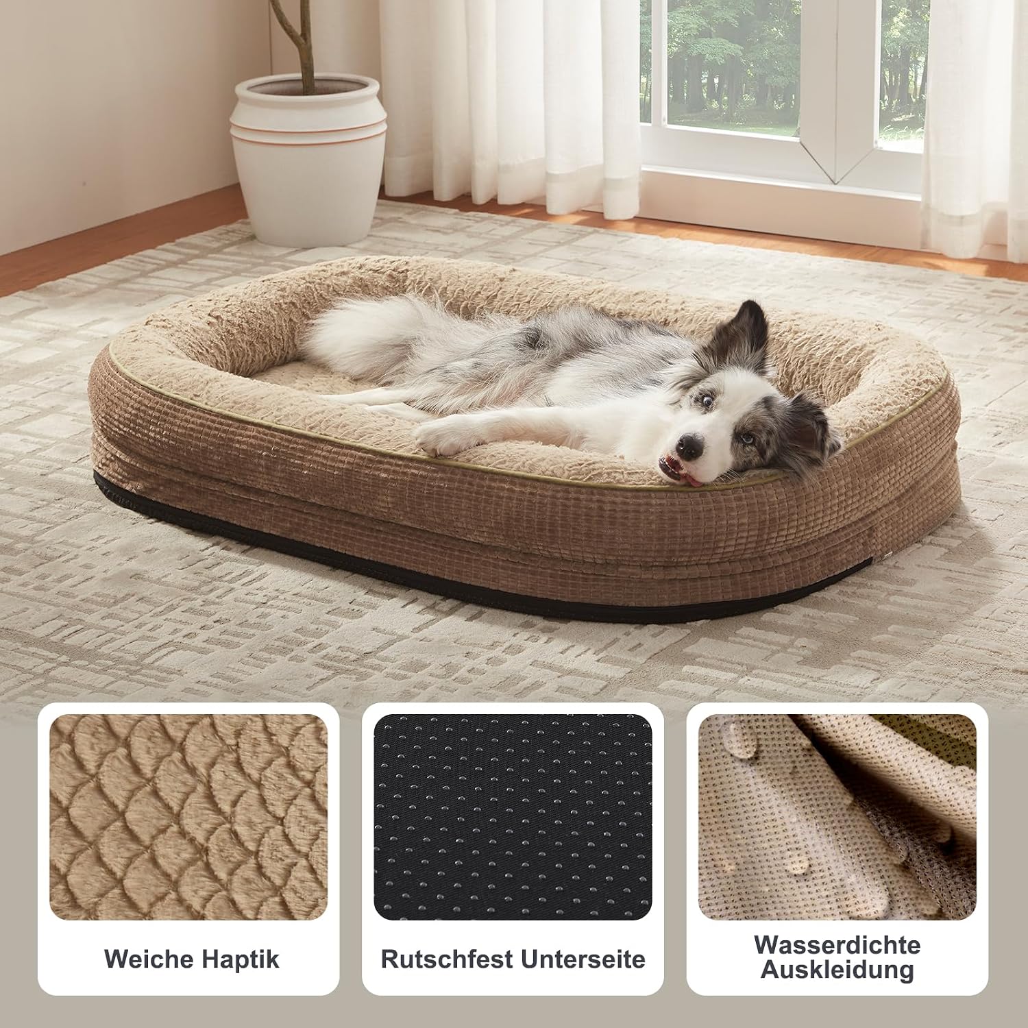Orthopaedisches Hundebett mit Nackenrolle fuer mittelgrosse Hunde 15cm-19cm