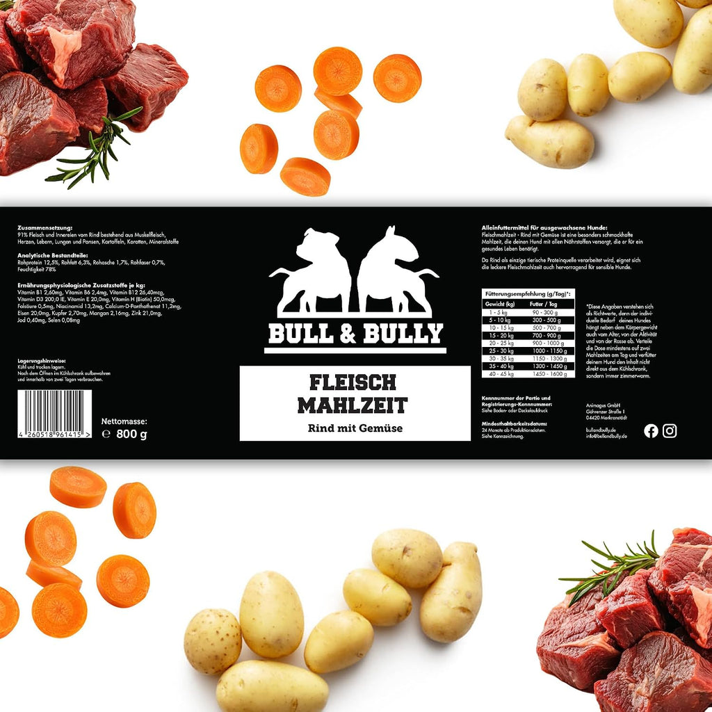 BULL & BULLY Nassfutter Rind mit Gemüse 91% Fleisch für aktive Hunde