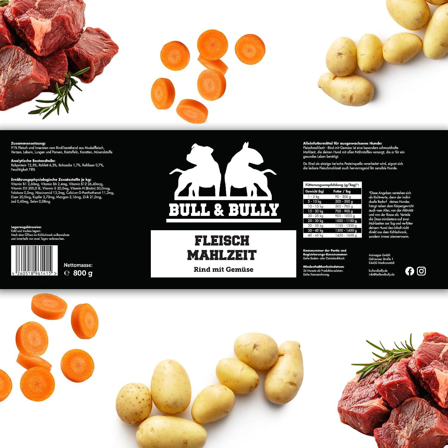 BULL & BULLY Nassfutter Rind mit Gemüse 91% Fleisch für aktive Hunde