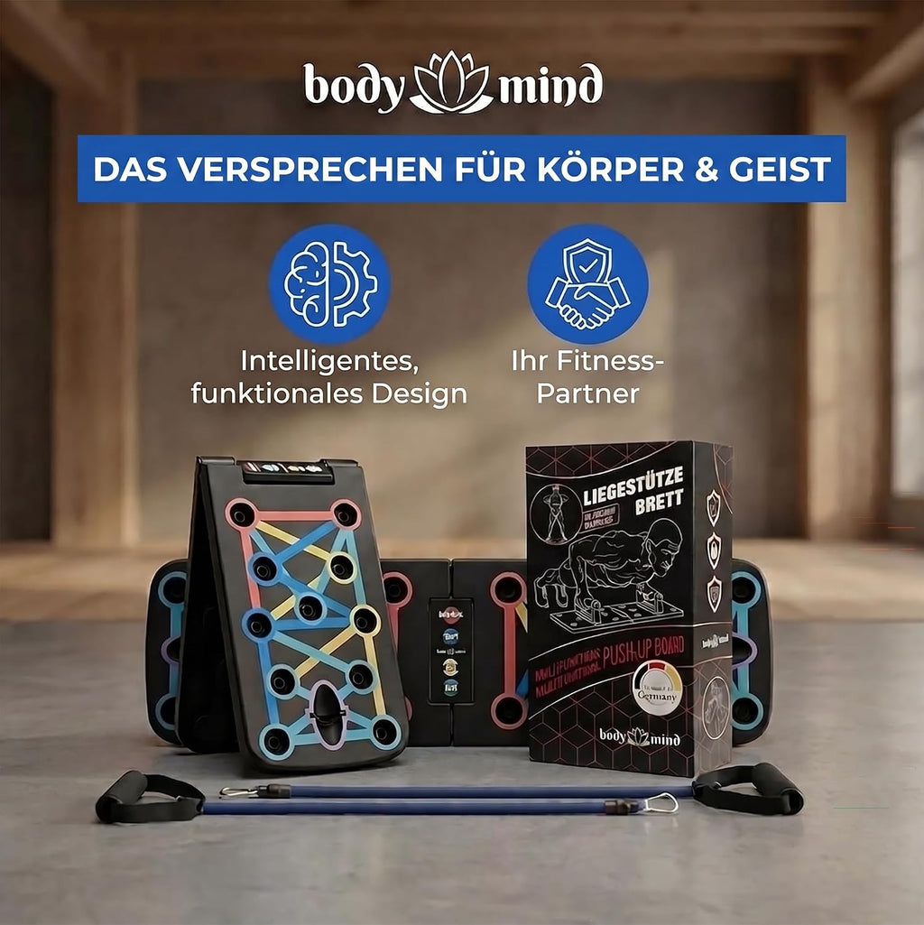 Body & Mind Push-Up Liegestuetz-Brett faltbar mit Griffen, Trainingsbaendern, E-Bo