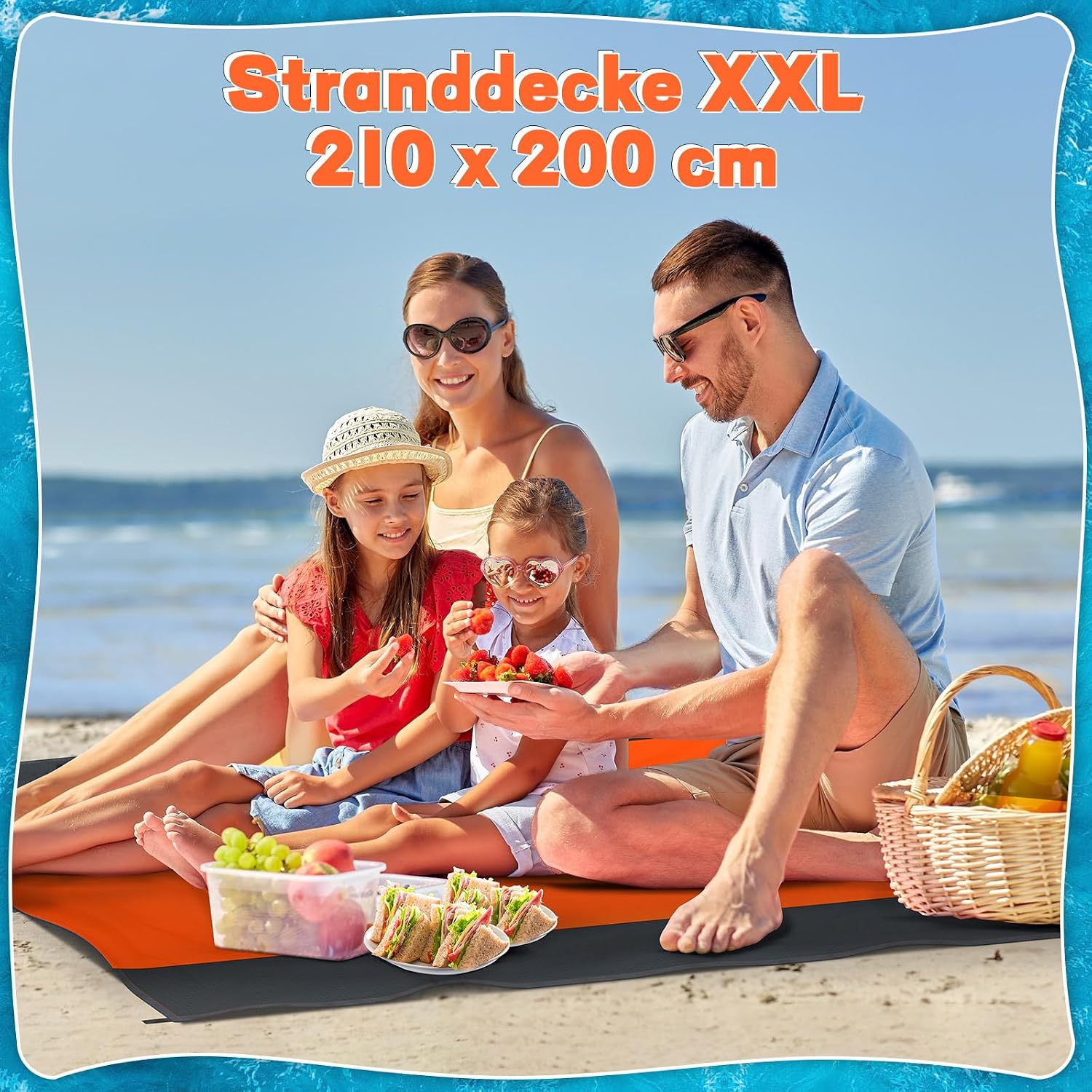 Stranddecke sandfrei 210x200 cm XXL blau - sandfeste Strandmatte fuer Strand Camp