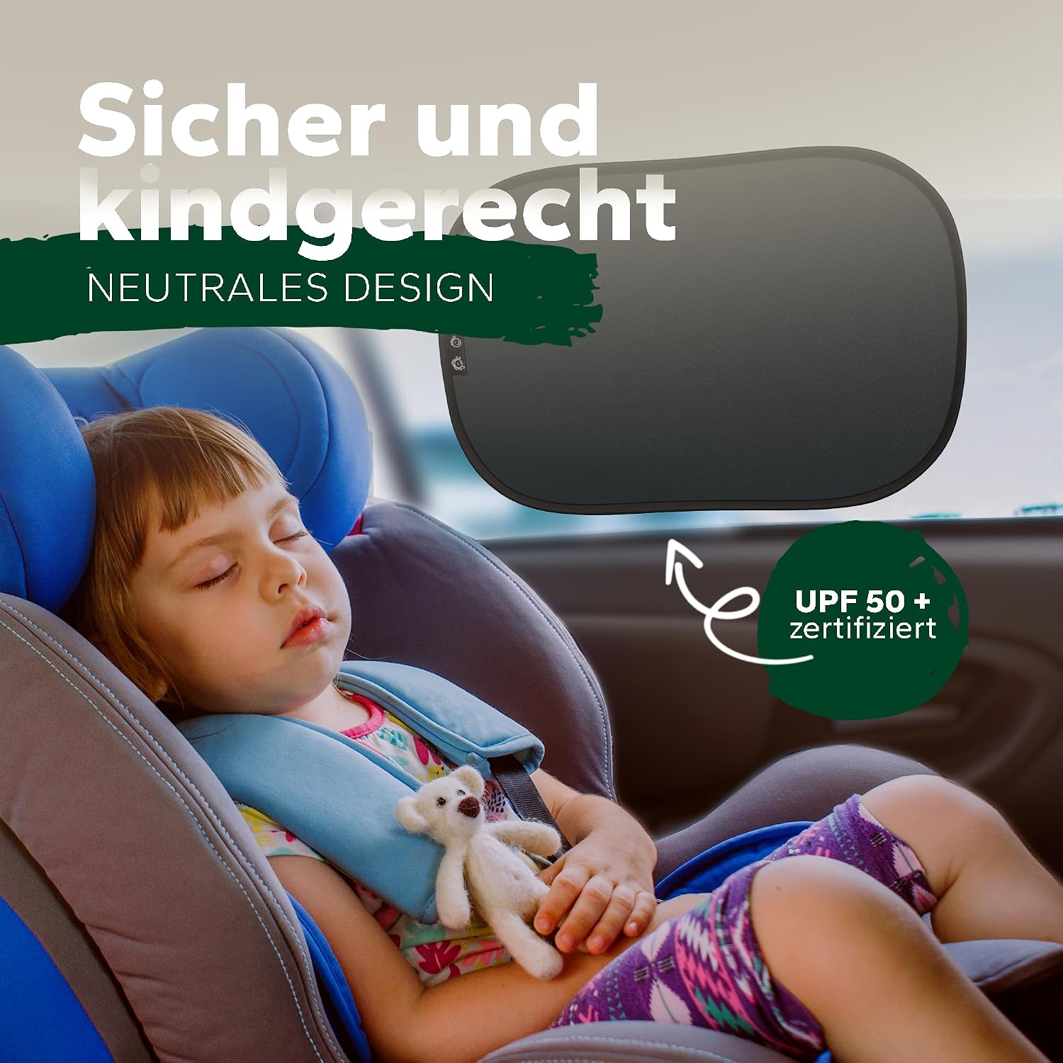 Sonnenschutz Auto Kinder UV-Schutz UPF50+ DEKRA geprueft KBA-zugelassen Nylon