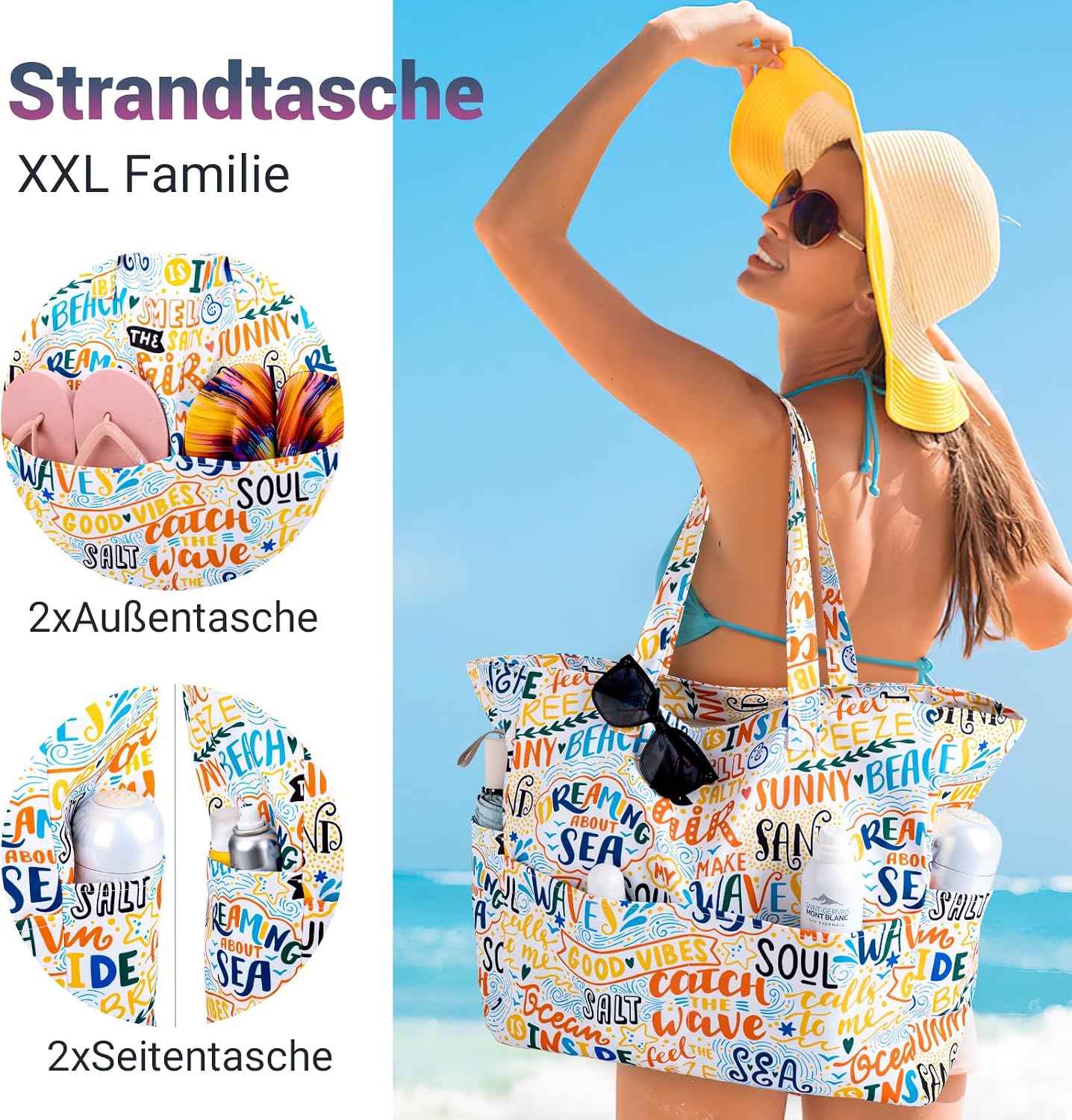 Strandtasche XXL mit Reissverschluss Shopper faltbar Grosse Badetasche Reise
