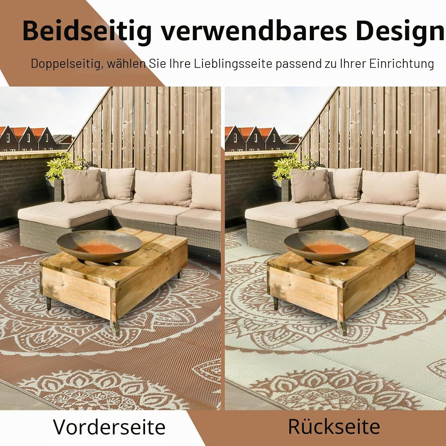 Famibay Outdoor Teppich 180x270 cm wendbar wasserfest beige braun fuer Garten