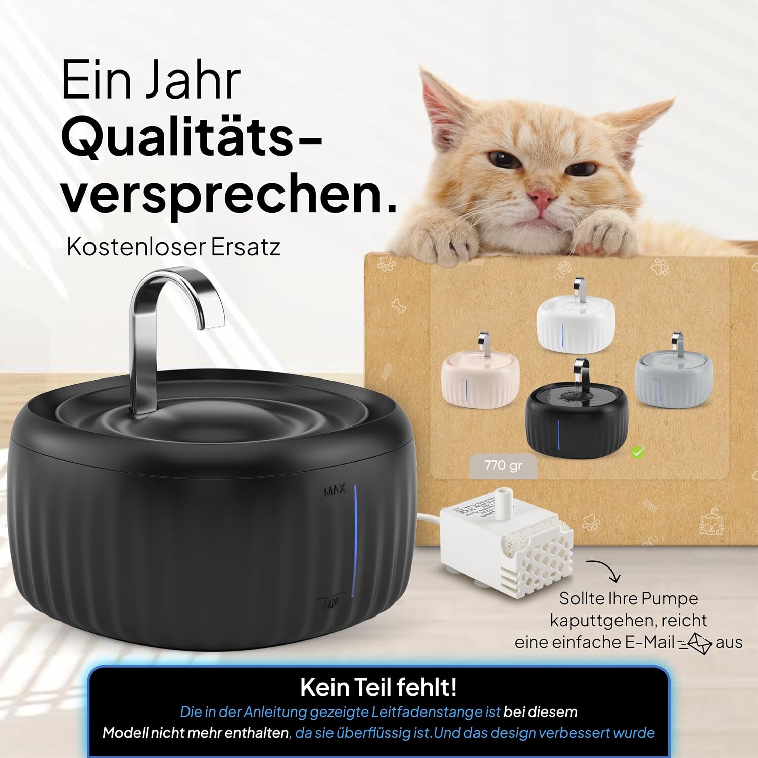 PrettyPaw Katzenbrunnen 3L leise BPA-frei mit LED und Aktivkohlefilter Schwarz