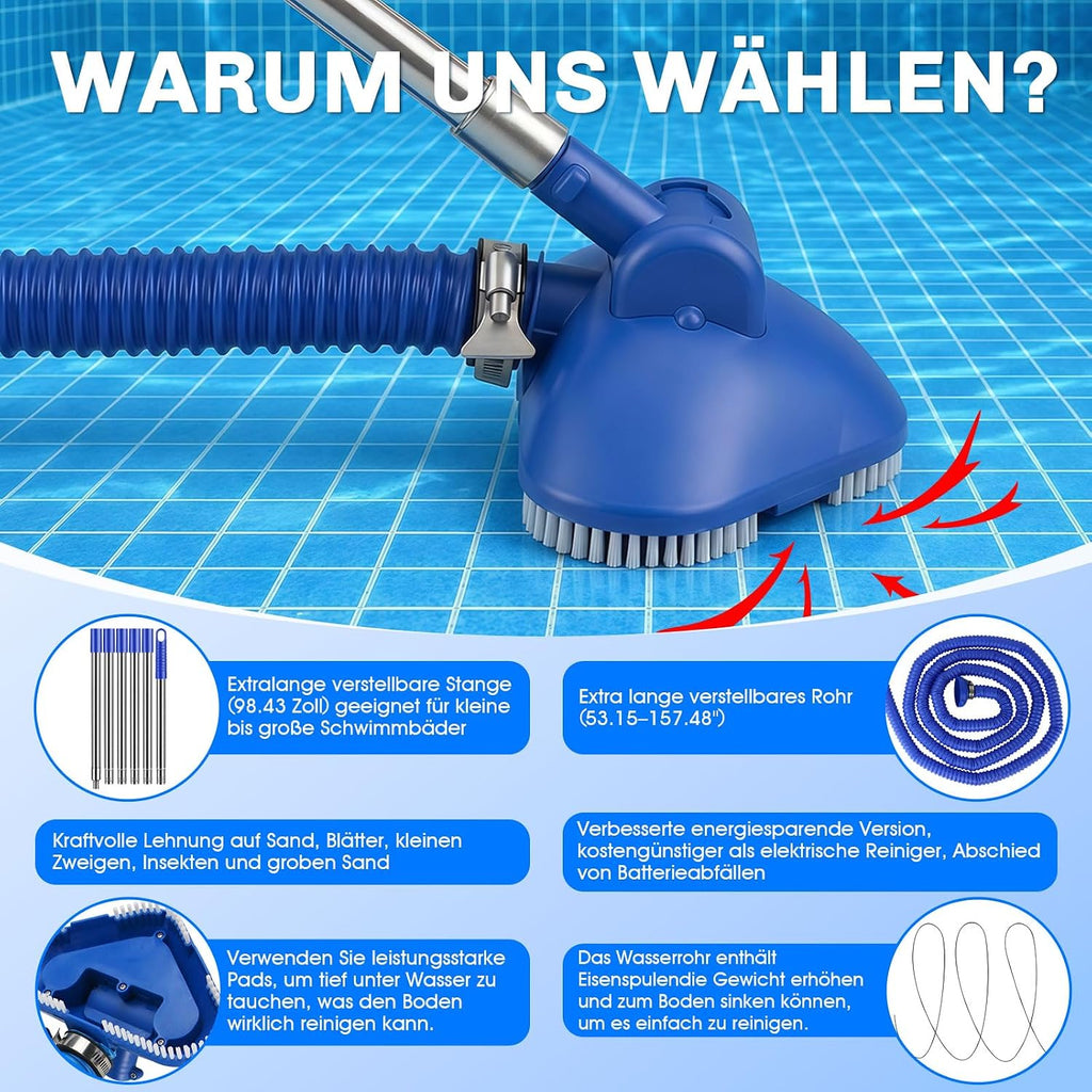 Kabelloser Poolsauger Handheld mit Teleskopstange und Schlauch, starke Saugleist